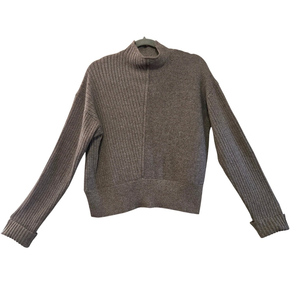 Monrow Boho Chic Brown Marl Mixed Rib Mock Neck Cotton Blend Sweater Womens L